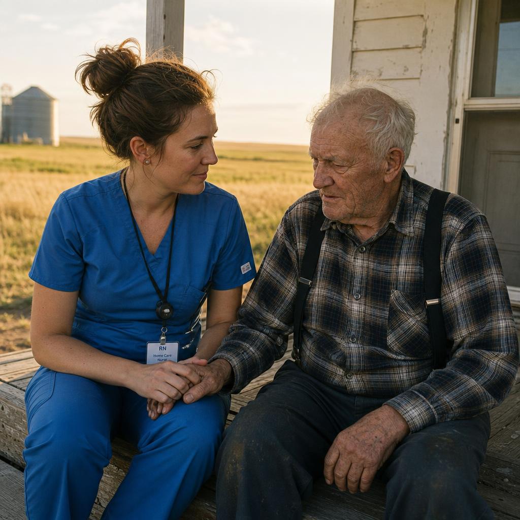 Home-care nurse with an elderly prairie farmer on a Saskatchewan farmhouse porch