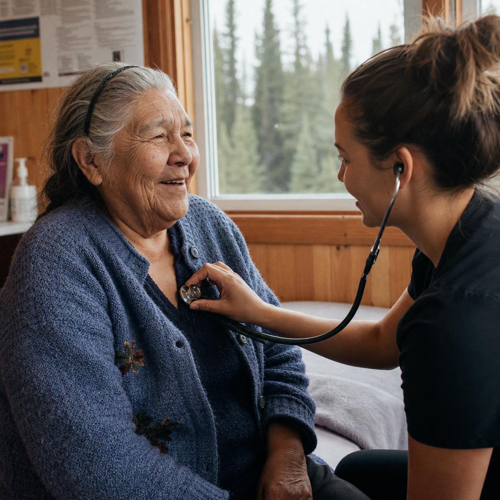 Nurse listening to an Indigenous elder's heart in a northern community clinic