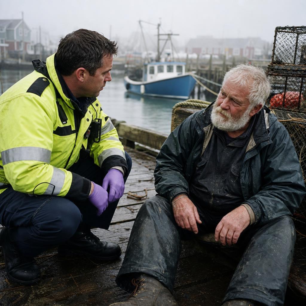 Paramedic checking on an older lobster fisherman on a foggy Maritime dock