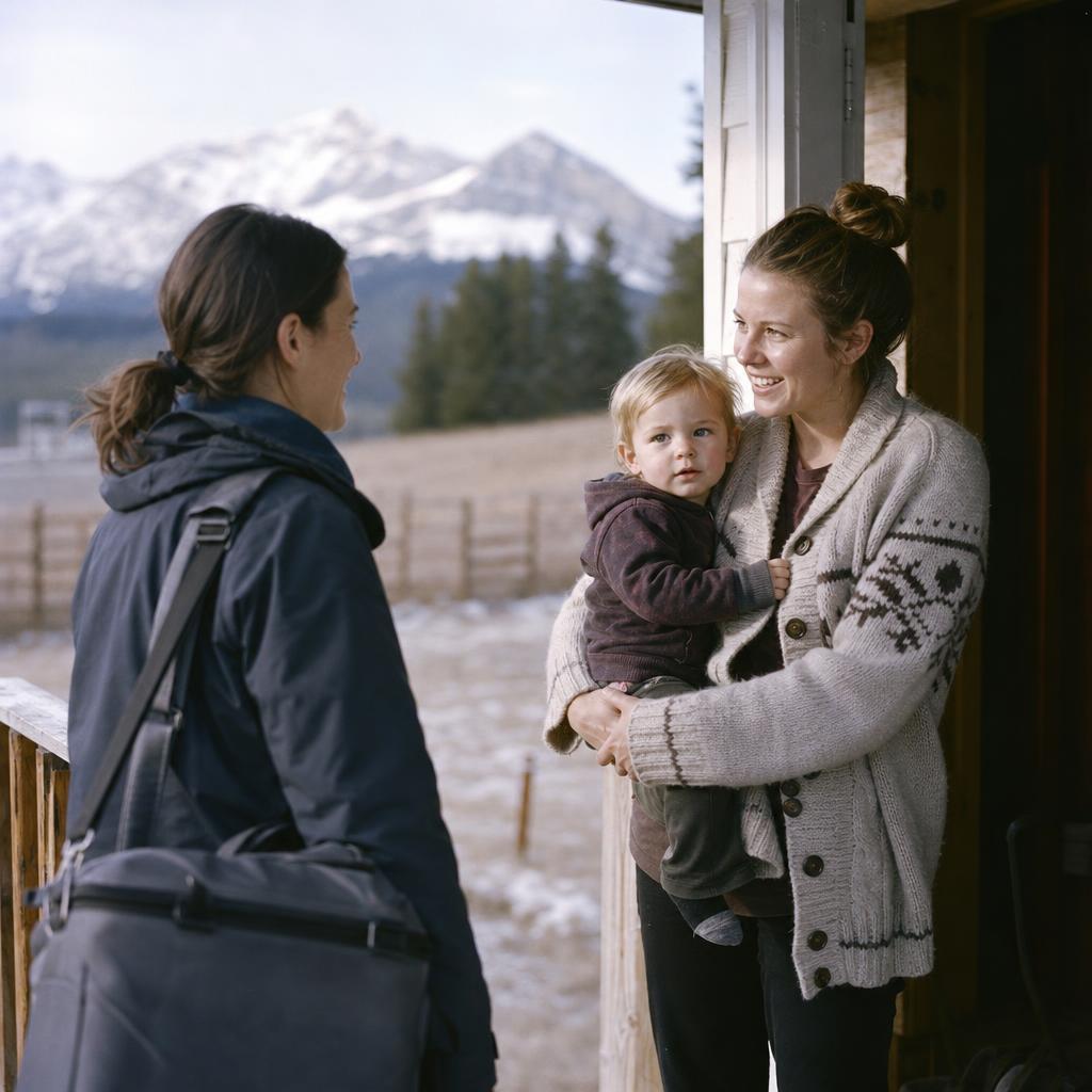 Travelling nurse visiting a young mother and toddler at a foothills ranch